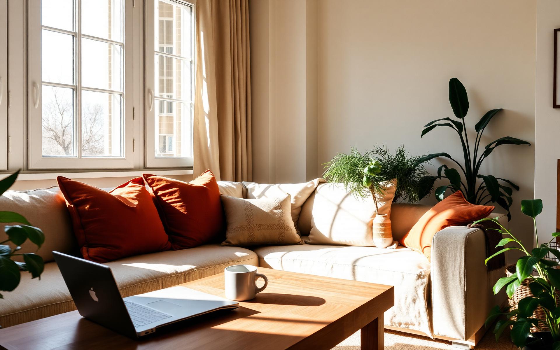 Sunlit living room in a shared coliving apartment