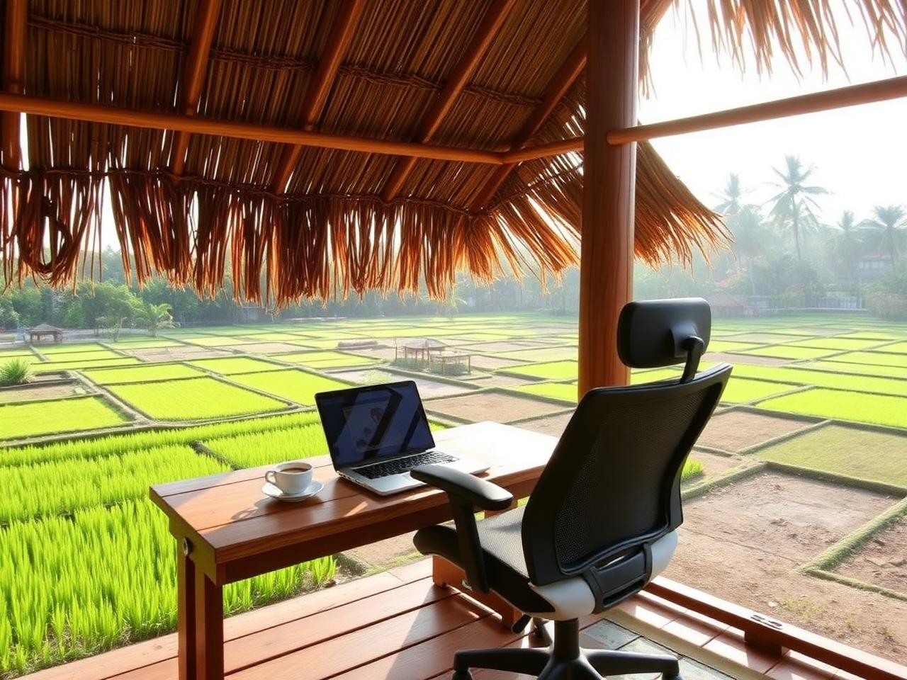Rice-paddy studio with outdoor workspace in Ubud